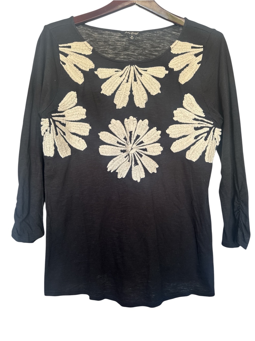 Lucky Brand Black Long-Sleeve Top with Cream Floral Appliqué
